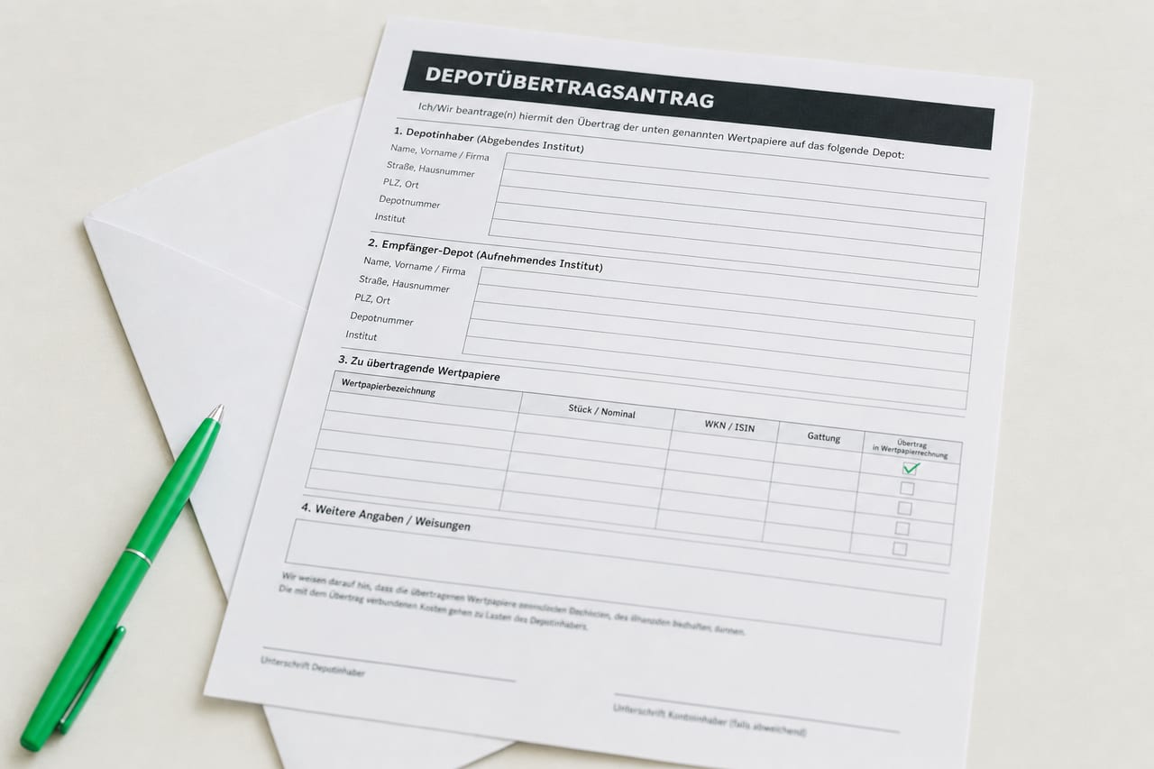 Ein deutsches Formular für einen Depotübertrag liegt auf einem hellen Schreibtisch über einem unbeschrifteten Umschlag, ein Feld ist angekreuzt, die Unterschriftszeilen sind leer.