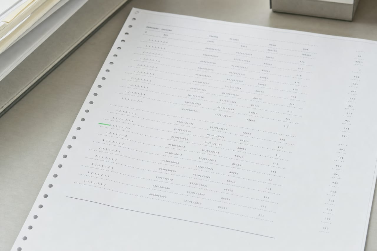 Ausdruck eines Aufsichtsregisters auf einem hellen Schreibtisch, mit Spalten aus Referenznummern und Datumsangaben; ein Eintrag ist grün markiert.