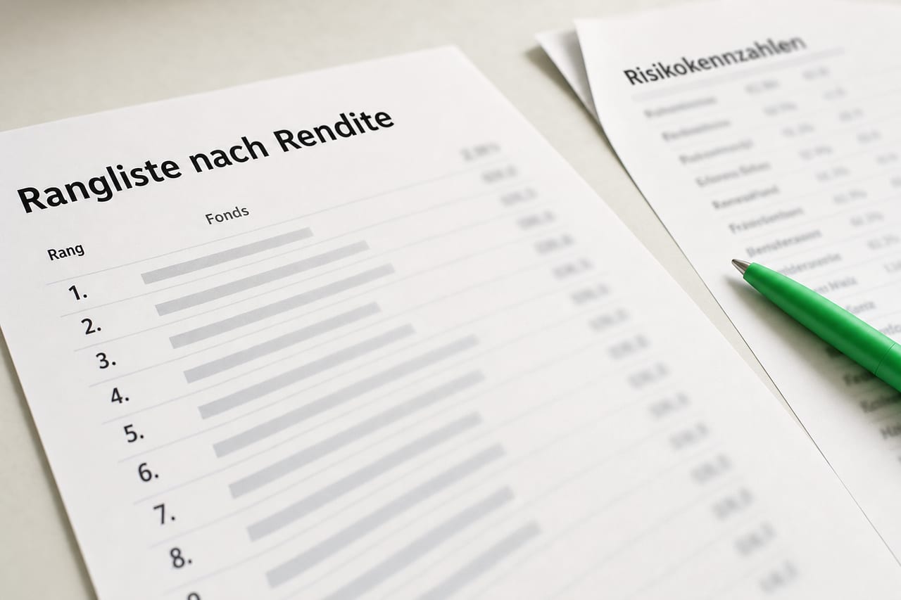 Eine gedruckte Rangliste auf einem hellen Schreibtisch, nur die oberen Zeilen sind scharf; daneben liegt ein zweites, unbeachtetes Blatt mit dichten Kennzahlen, auf dem ein grüner Stift ruht.