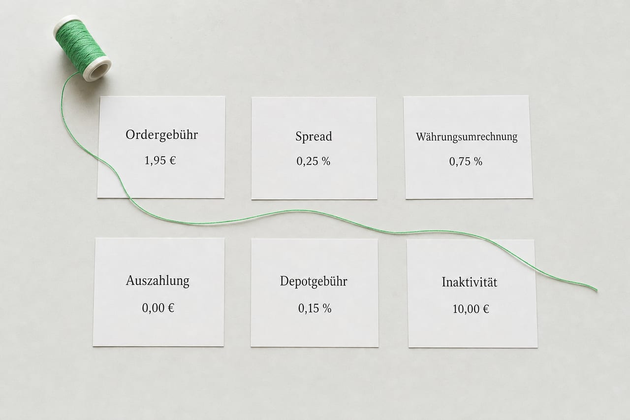 Sechs einzelne Papierstreifen liegen in zwei Reihen auf einem hellen Schreibtisch, jeder mit einer kurzen Überschrift und einer einzelnen Zahl; ein dünner grüner Faden verbindet sie lose.