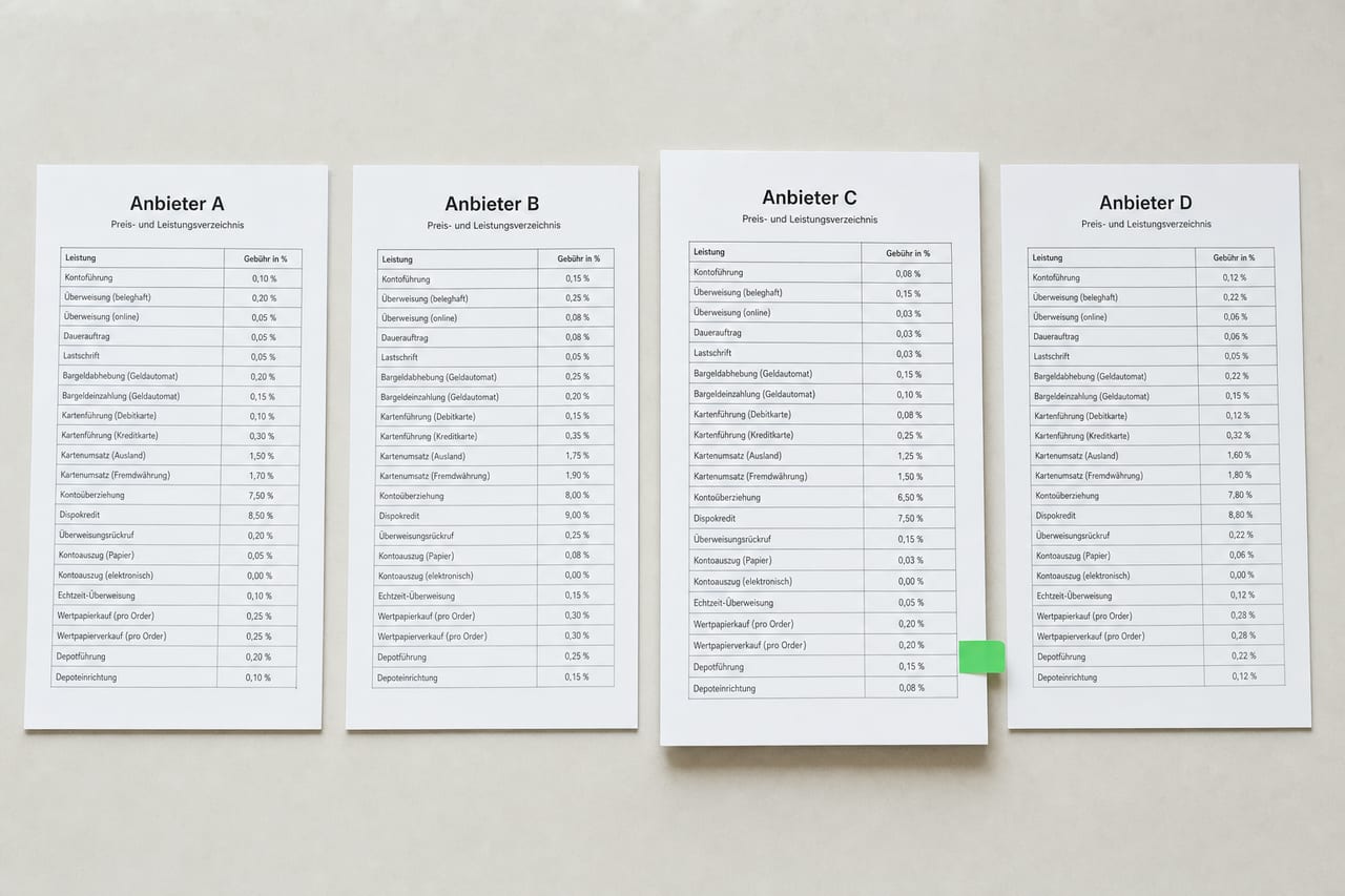 Vier Preis- und Leistungsverzeichnisse verschiedener Anbieter von oben nebeneinander gelegt; ein Blatt trägt eine grüne Griffmarke.