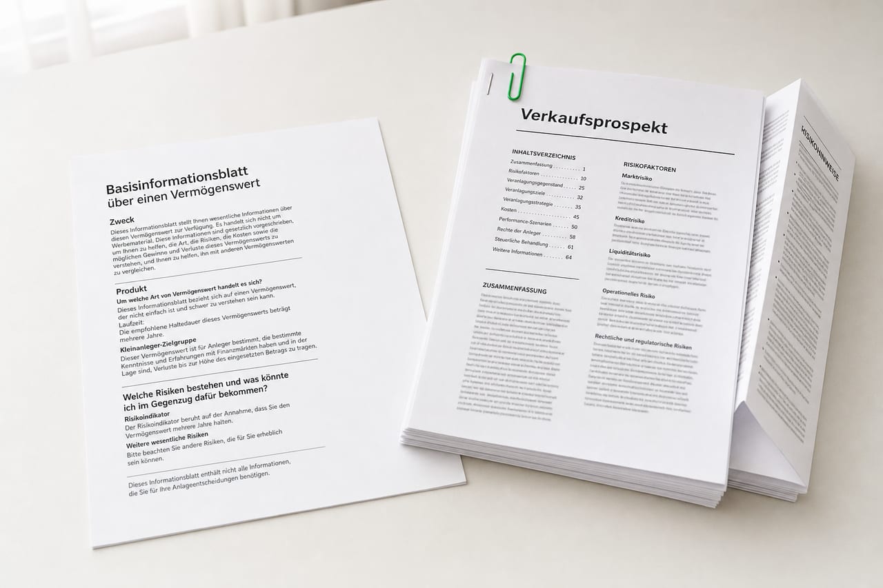 Zwei Vertragsunterlagen liegen nebeneinander auf einem hellen Schreibtisch: links ein kurzes, locker gesetztes Blatt, rechts eine dicke geheftete Broschüre mit aufgefächertem Rand und grüner Büroklammer.
