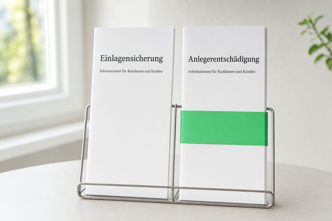 Zwei schmale Broschüren stehen aufrecht nebeneinander in einem Drahtständer auf einem hellen Schreibtisch, die linke mit der Aufschrift Einlagensicherung, die rechte mit der Aufschrift Anlegerentschädigung; um die rechte liegt ein grünes Band.